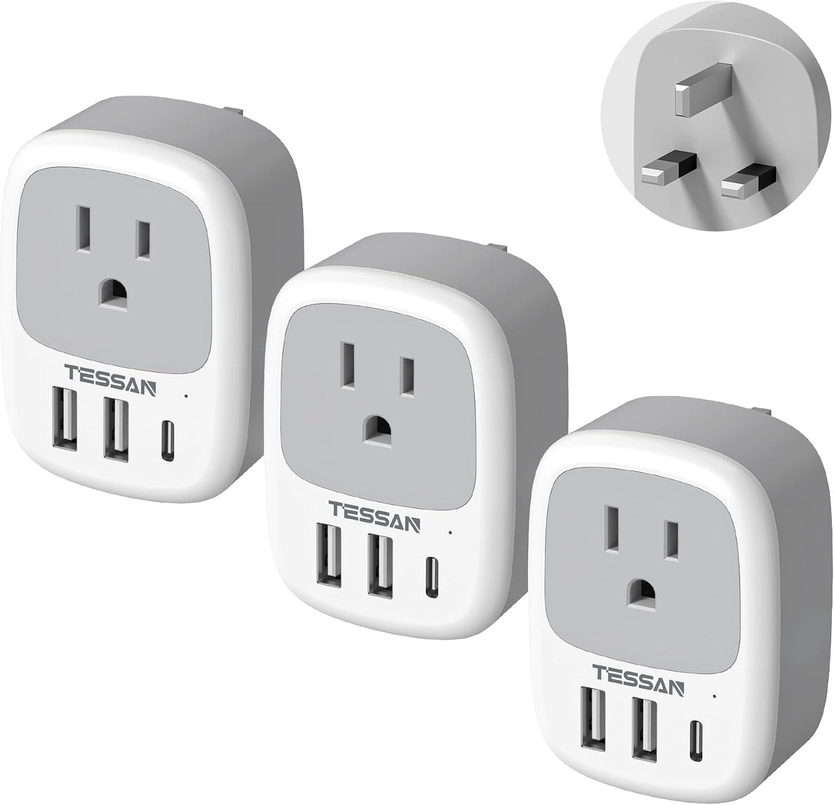 TESSAN US to UK Plug Adapter, Type‑G Adaptor 3‑Pack | 3 USB Ports (1 USB‑C), for Ireland Scotland Dubai Hong Kong Kenya London England