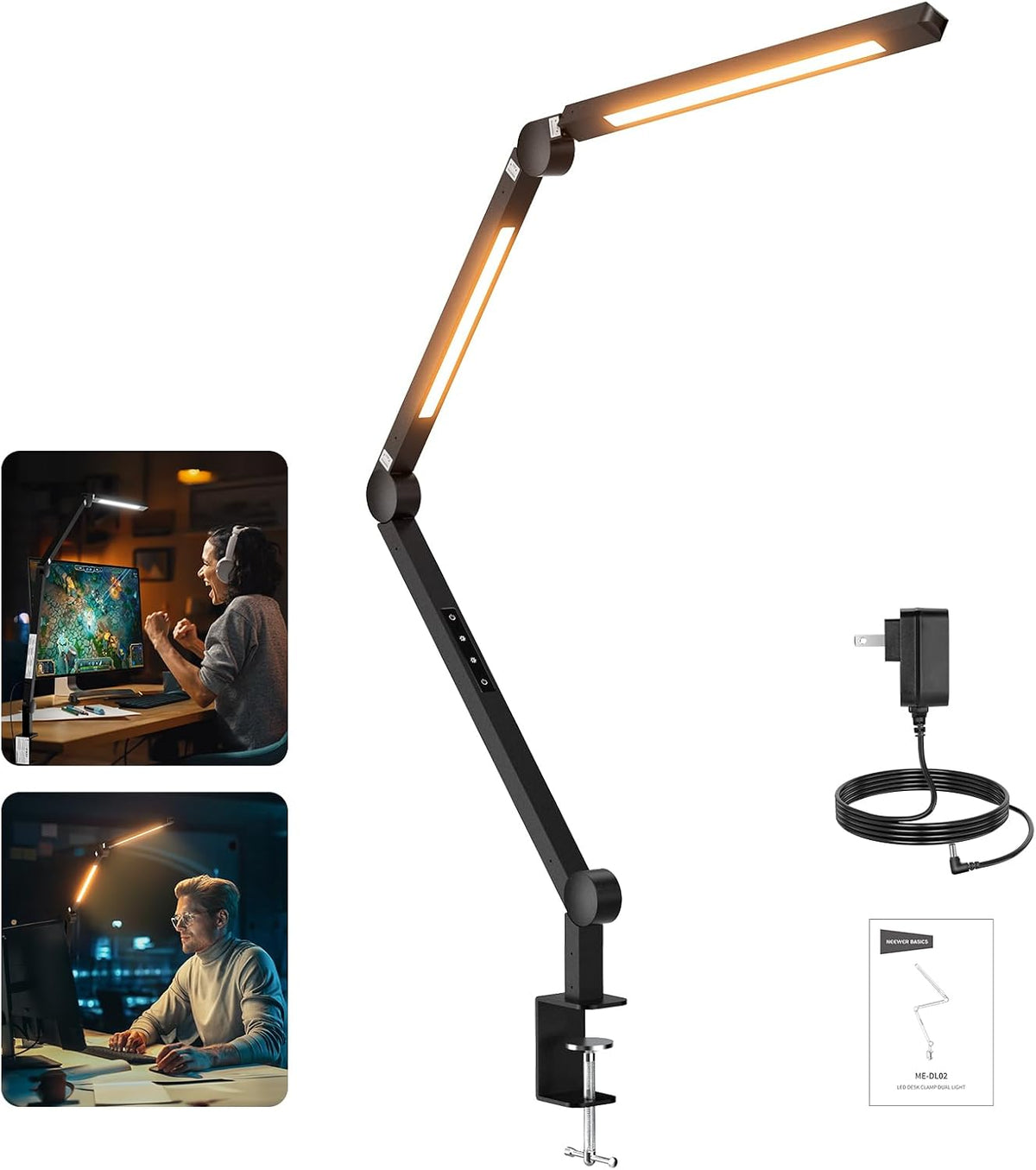 NEEWRE Basics 12W 42.5" Clip On LED Lamp with Dual Light Bar, CRI95+ Bi Color Aluminum Alloy Table Architect Light Dimmable for Home Office Monitor Computer Video Conference Desk Drafting, ME-DL02