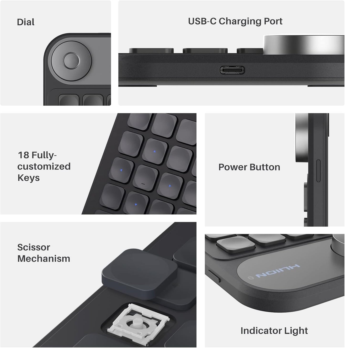 HUION Keydial Mini Bluetooth Programmable Keypad with Dial 18 Shortcut Keys | 5 Keys Anti-ghosting Macro Keypad, Wireless Shortcut Keyboard for Drawing Tablet, PC, MacBook, Surface Pro, Editing, Gaming