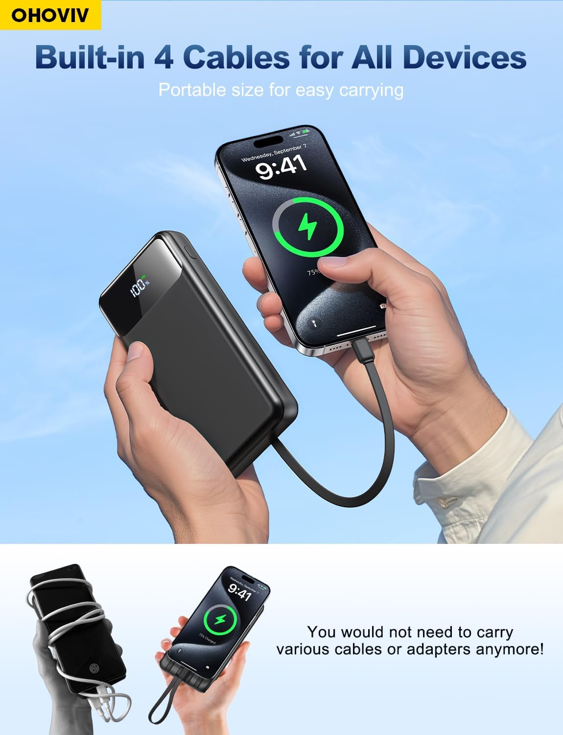 OHOVIV Portable Charger Power Bank 50000mAh,4 Built-in Cables Battery Pack | 22.5W Fast-Charge,55% in 30mins,10 Times for iPhone 15,Camping Travel Essential,Compatible with iPhone17/16/15,Samsung,Tablet