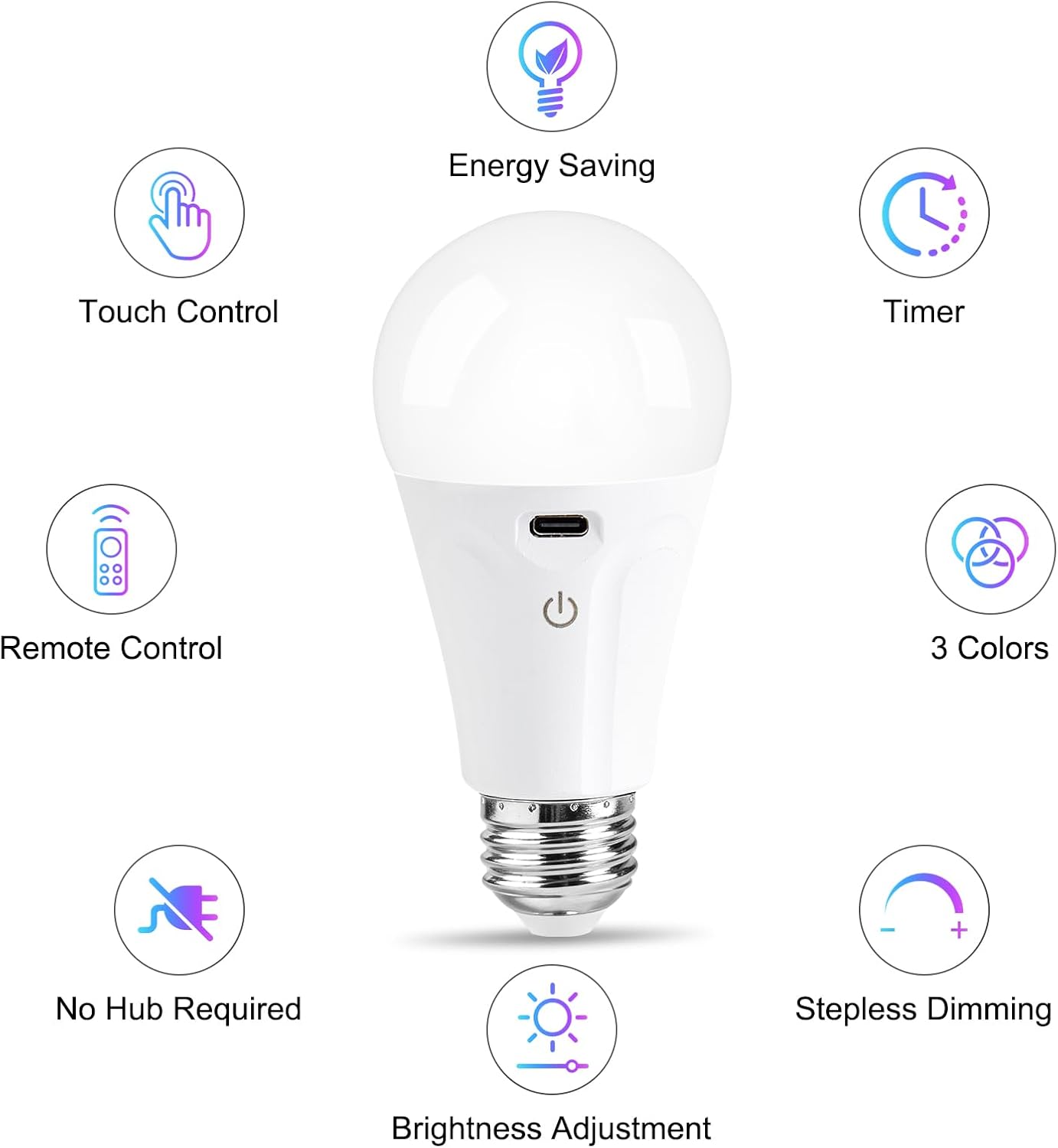 Powfloven E26 Rechargeable Light Bulbs with Remote and USB Charging, 1 Pack | Dimmable Battery Operated Light Bulb, 3 Color Temperatures, 4 Timer, A19 Wireless Light Bulbs for Wall Sconces, Not-Hardwired