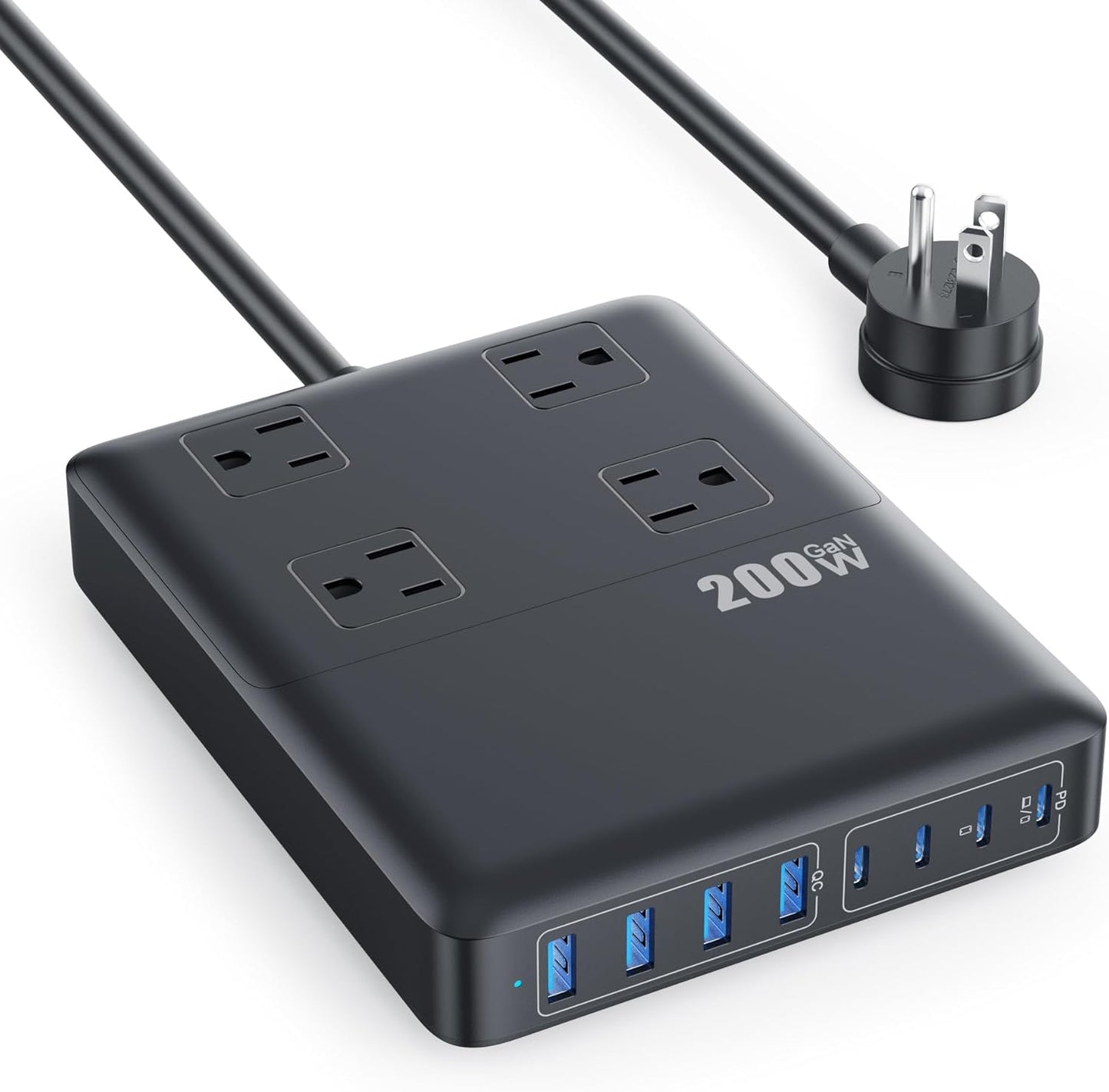 200W Charging Station,12-in-1 USB C Power Strip with Flat Plug and 5ft Extension Cord,4 AC Outlets,4 USB-A,4 USB-C Ports for iPhone 17/16/15,65W PD Fast Laptop Charger for MacBook, Home, Office, Dorm