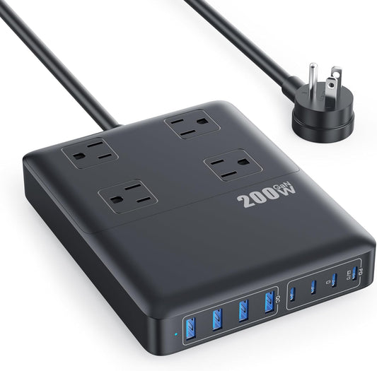 200W Charging Station,12-in-1 USB C Power Strip with Flat Plug and 5ft Extension Cord,4 AC Outlets,4 USB-A,4 USB-C Ports for iPhone 17/16/15,65W PD Fast Laptop Charger for MacBook, Home, Office, Dorm
