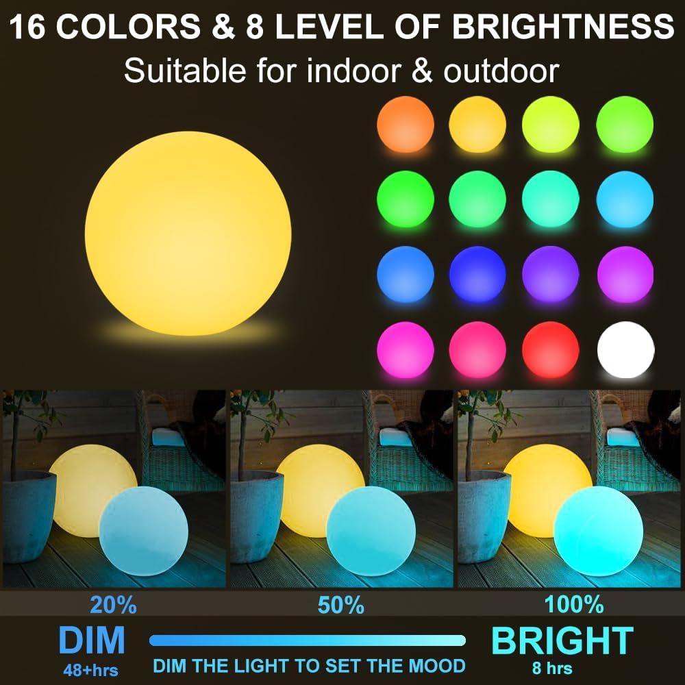 Globe Floor Lamp, 14-inch Color Charging Large LED Globe Orb Light Outdoor