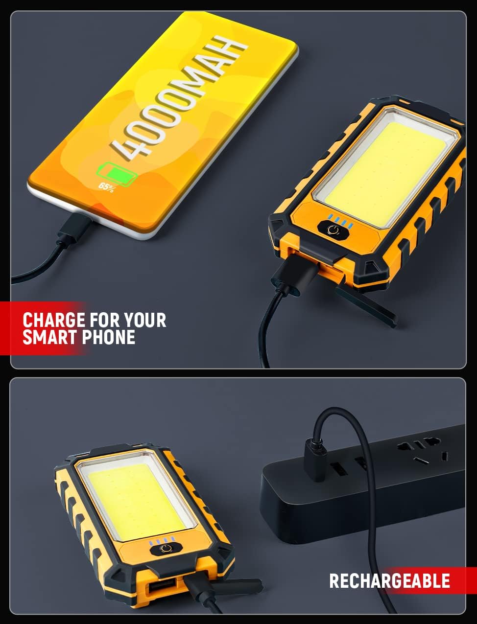 innofox LED Rechargeable Magnetic Work Light 40W 1500Lumens, Hanging Hook 4 Lighting Modes, Job Site Lighting for Car Repairing, Camping, Hunting, and Hurricane (2, Orange)