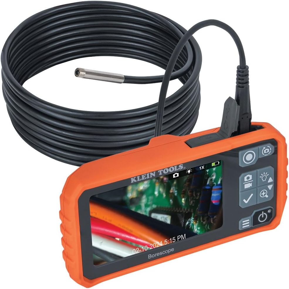 Klein Tools ET17 Utility Borescope with 5.5 mm 9.8-Foot Waterproof Gooseneck Snake, LEDs, 4.3-Inch LCD, Attachments, Endoscope Inspection Camera