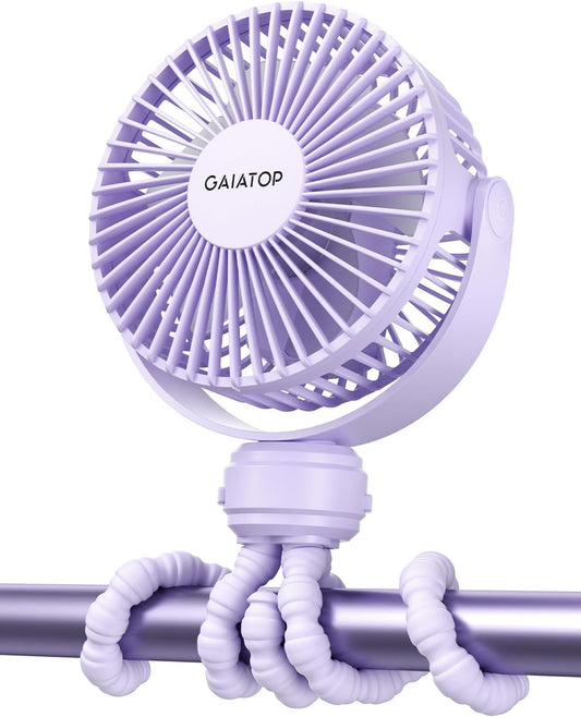 Gaiatop Mini Electric Fan with 360 Rotation, 5.5mm Gaps, Rechargeable Battery, 3 Speeds, Purple | 360° Rotate Flexible Tripod, Battery Operated Detachable, Cooling for Car Seat Crib Treadmill Travel Purple
