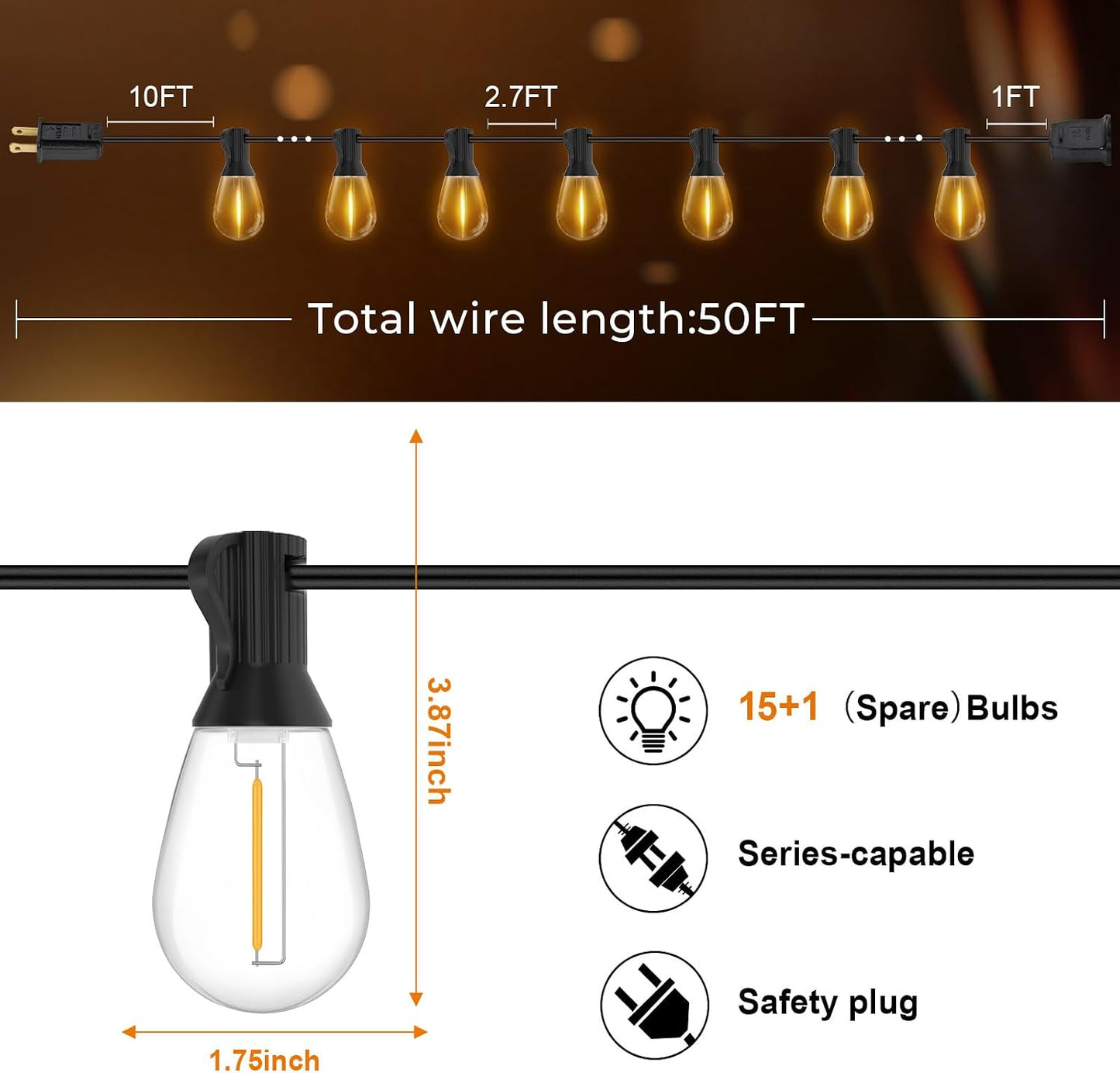 GvvooHome 50FT LED Outdoor String Lights with 16 Shatterproof Waterproof Replaceable Bulbs(1 Spare), 2700K Commercial Grade Patio Lights, Outside Hanging Light for Yard Garden Porch Deck Decor