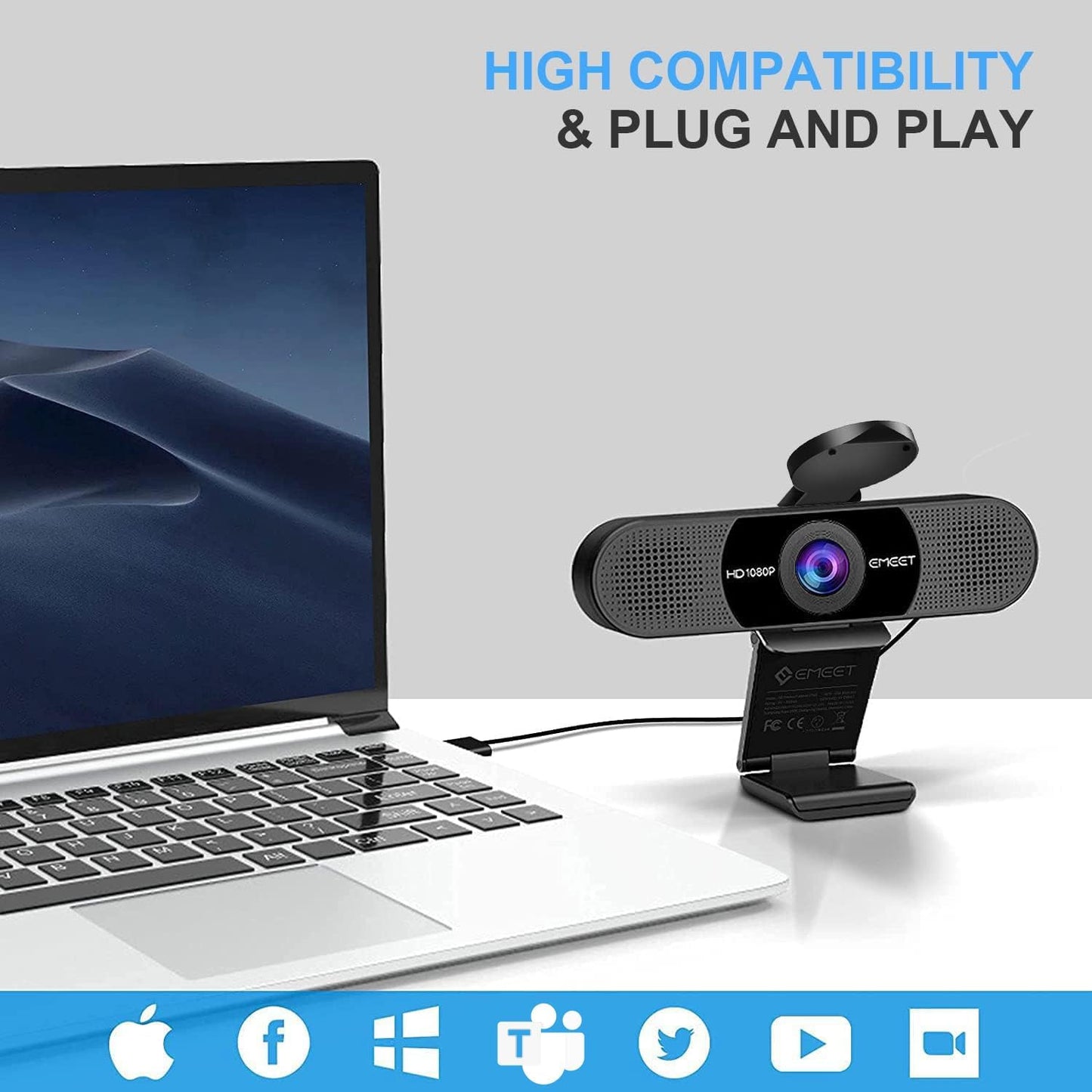 EMEET 1080P Webcam with Microphone, C960 Web Camera 2 Mics Streaming Webcam | 90°FOV Computer Camera, Plug and Play USB Web Cam for Online Calling/Conferencing, Zoom/Teams/Facetime/YouTube, Laptop/PC