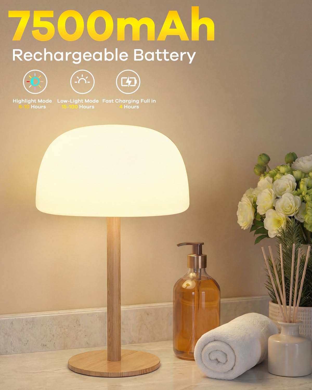 Waterproof Shower Lamp Cordless Lamp - 7500mAh Rechargeable Table Lamp, Bathroom Lamp, RGB 15 Colors & 3 Color Temperature Touch Dimmable, Shower Light for Inside Shower, Bathtub, Bedroom,1PC