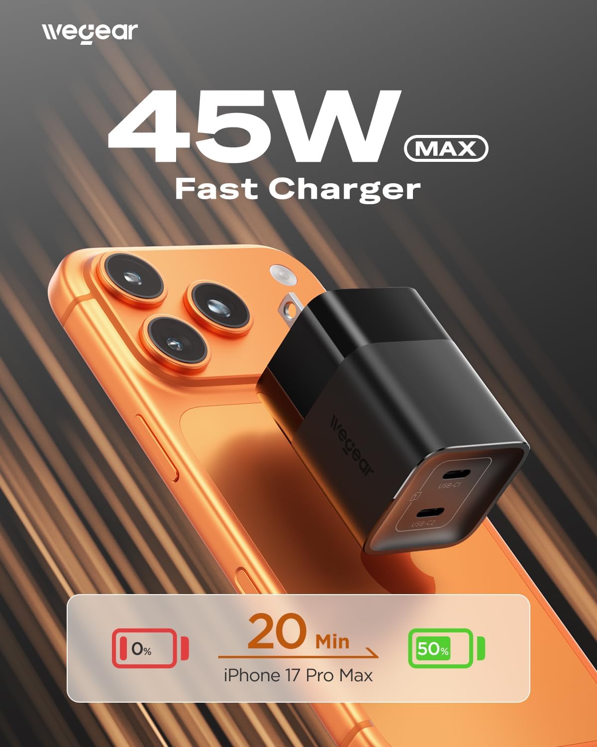 45W USB C Charger, 2 Port GaN Fast Charging with PPS, Foldable Wall Charger Block for iPhone 17/16/15, iPad, Galaxy S25/S24, Pixel 10/9 (Black)