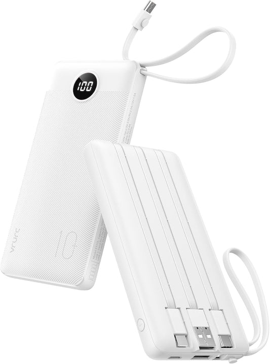 VRURC Portable Charger Built in 4 Cables, Slim Power Bank 10000mAh | Multi Devices Charging Bank with Lanyard, USB C Battery Pack for All Cell Phones, Samsung,Android-White(1 Pack)