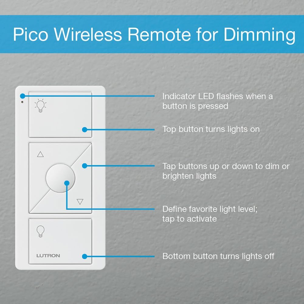 Lutron Pico Remote for Caseta Smart Dimmer Switch, 3-Button Control | Wireless remote w/ raise/lower and preset lighting level, for table top or wallmount use, PJ2-3BRL-WH-L01R, White