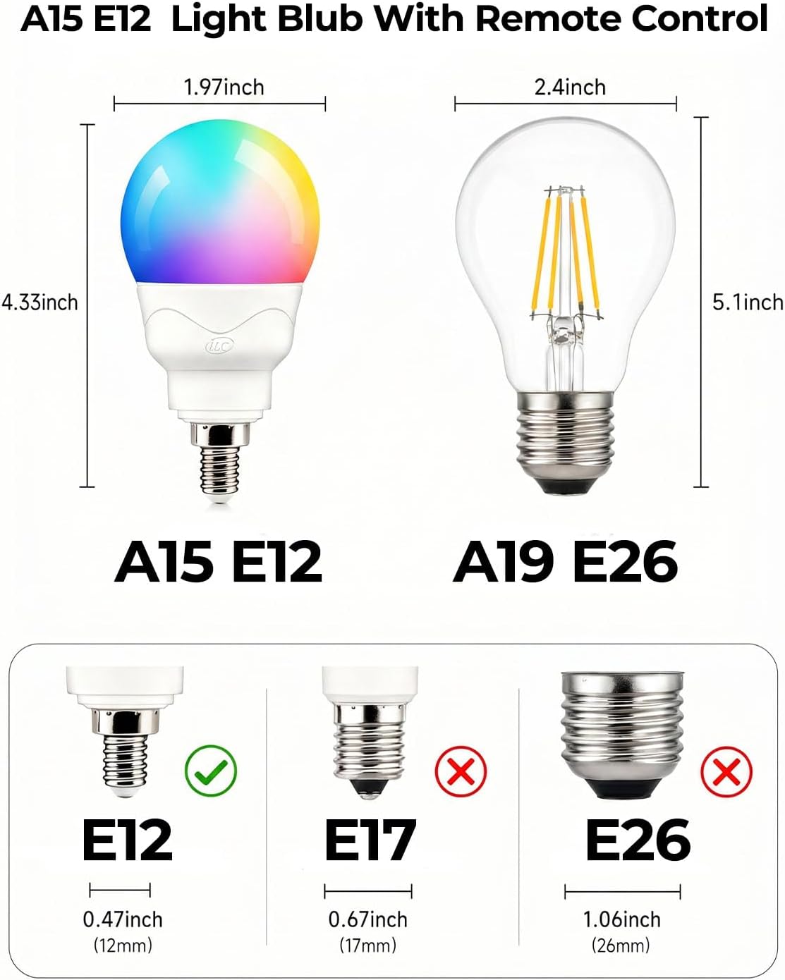ILC E12 LED Light Bulbs (40w Equivalent) 5W, Color Changing RGB, A15 Small Base Candelabra Round Light Bulb, Candle Base, 2700K Warm White 12 Colors 2 Modes Timing with Remote Control (4 Pack)