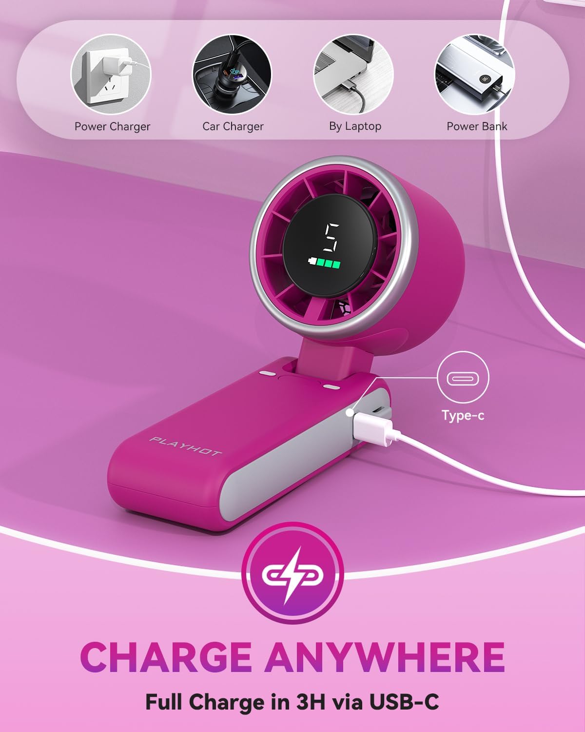 PlayHot Portable Handheld Turbo Fan, Travel Essentials, Gifts for Women/Men | 5-Speed, Up to 12H, 10m/s Airflow, USB-C Rechargeable, LED Display, 3-in-1 Foldable Personal Fan for Cruise, Beach, Vacation