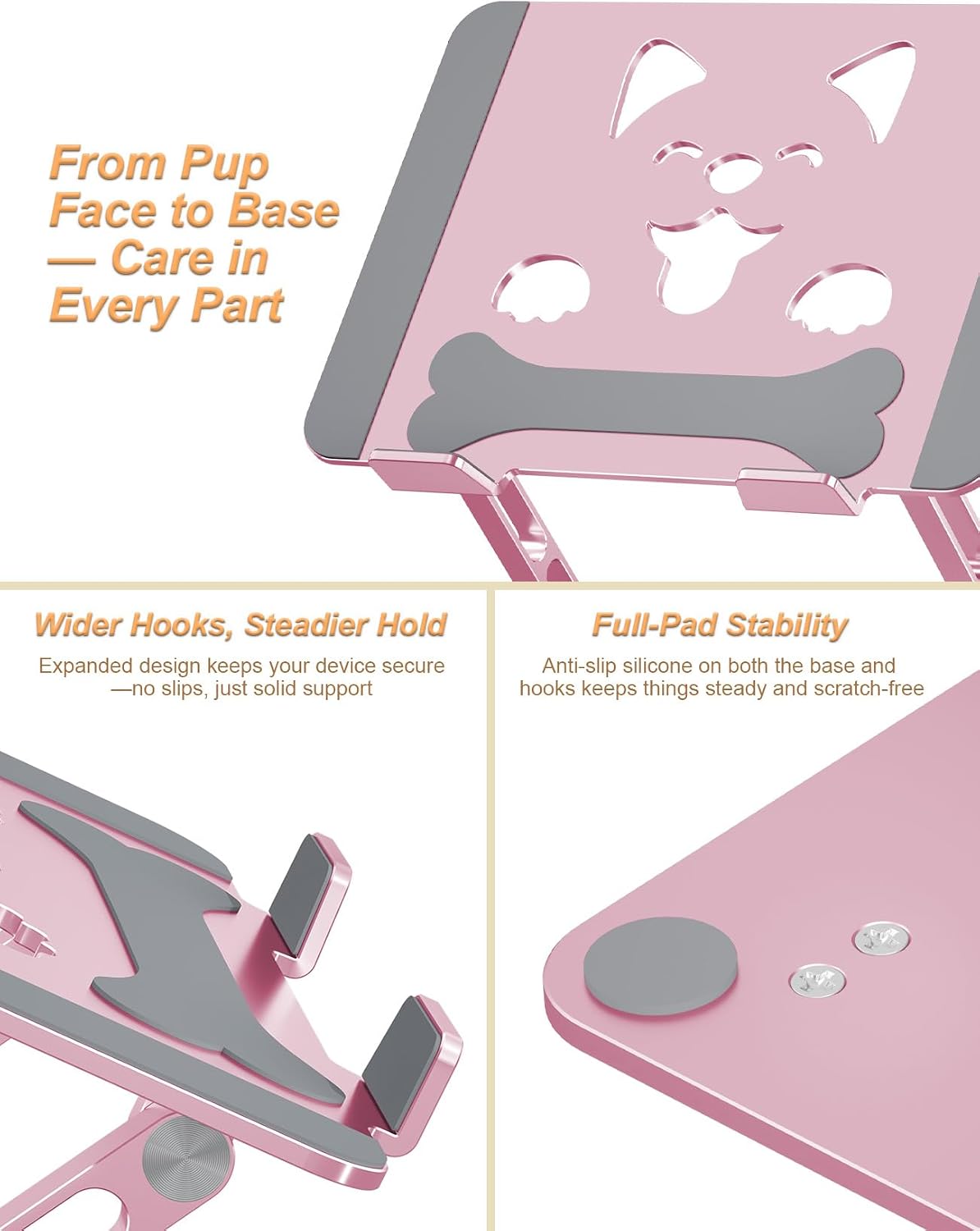 Aoviho Aluminum Laptop Stand for Desk Fit for All 10"-17.3" Laptops, Pink | Height-adjustable Notebook Holder, Ergonomic Computer Riser with Unique Puppy Cooling Vent, for Mac, Dell, Lenovo, HP