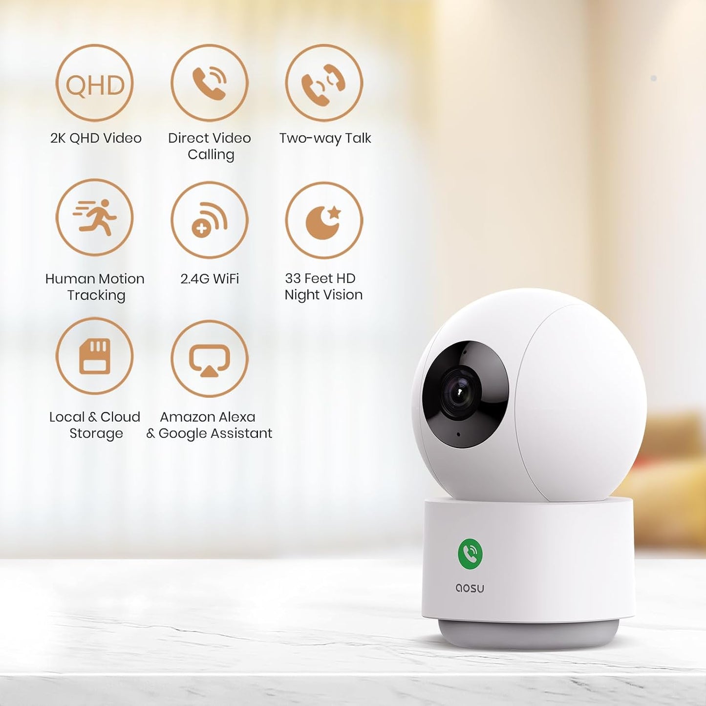 aosu 2K Indoor Camera,Baby Monitor for Home Security with 2.4GHz WiFi only | 360° Home View,One-Touch Calls,Smart Motion Tracking,IR Night Vision & 24/7 Recording,Compatible with Alexa/Google