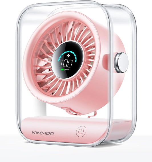 KIMMOO Rechargeable USB Desk Fan, Quiet Table Fan with Turbo Airflow, 100 Speeds, Digital Display, 90° Rotating, Small Battery Desktop Fans for Bedroom Home Office Travel, Pink