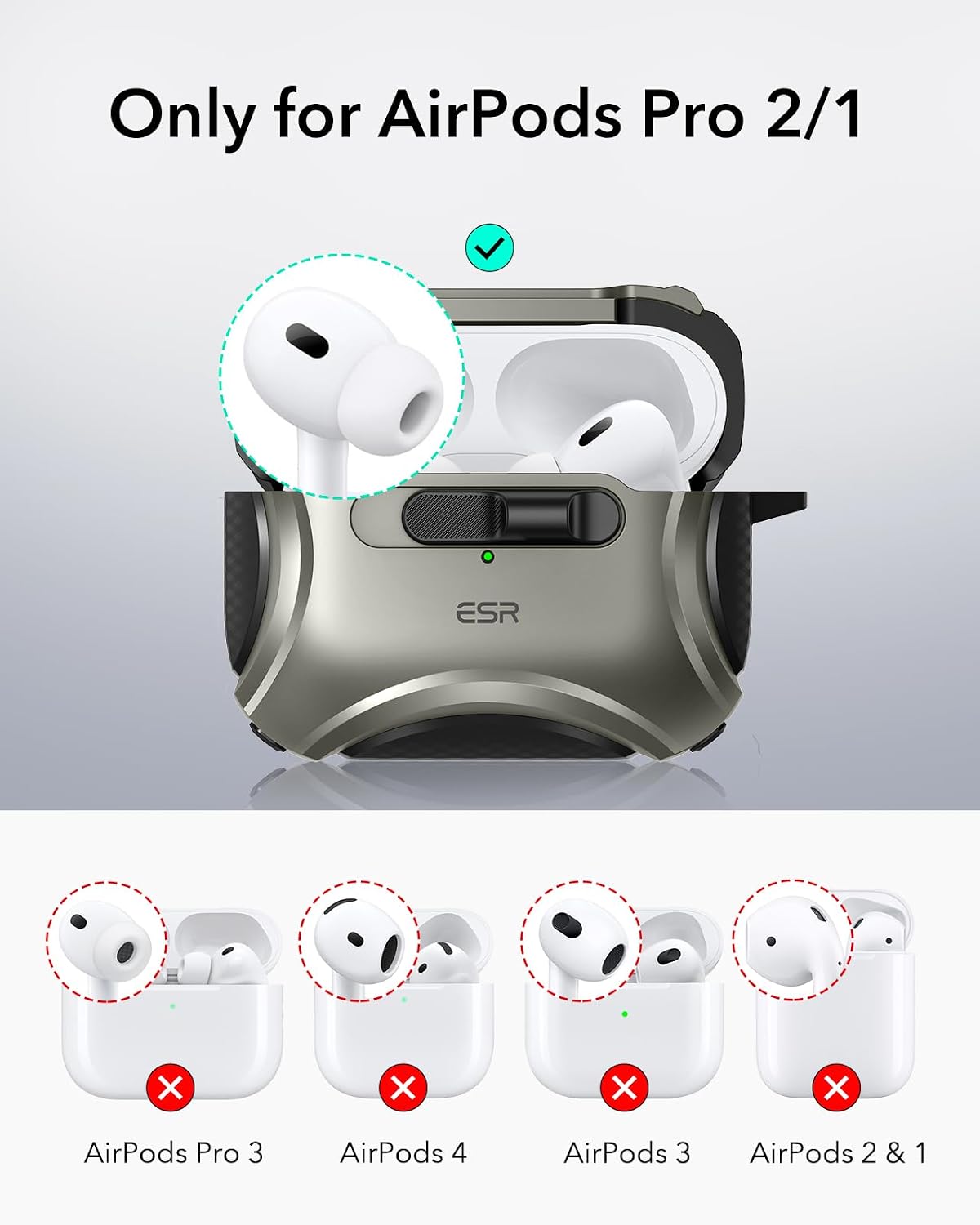ESR for AirPods Pro Case (2023/2022/2019, 2nd/1st Gen), Compatible with AirPods Pro 2nd Generation (USB-C/Lightning Cable), Effortless MagSafe, Drop-Proof Lock, Easy Open, Cyber Series, Titanium | 2023