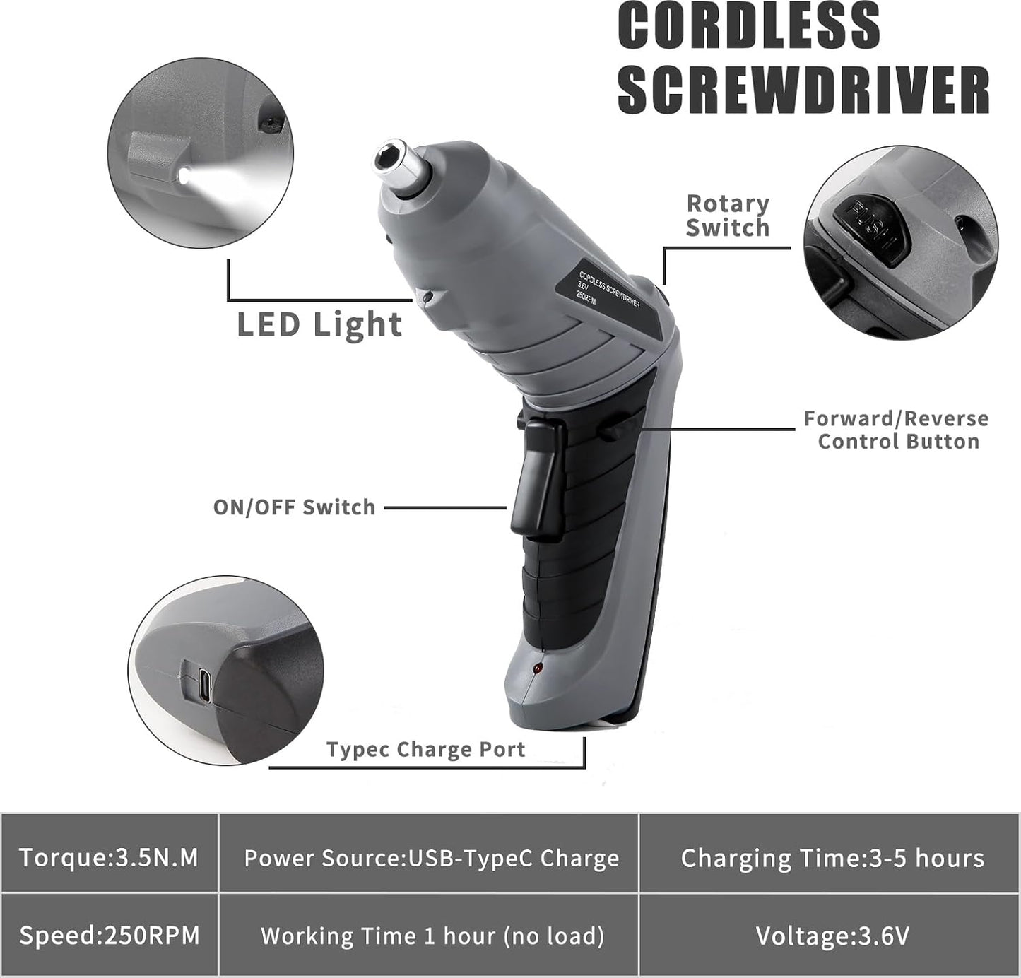 Cordless Electric Screwdriver 3.6V Rechargeable 3.5N.M of Torque 1/4" Chuck | 43pcs Screw Drill Set LED Light for Furniture Assembly, Repairing in Home, Office and Workplace
