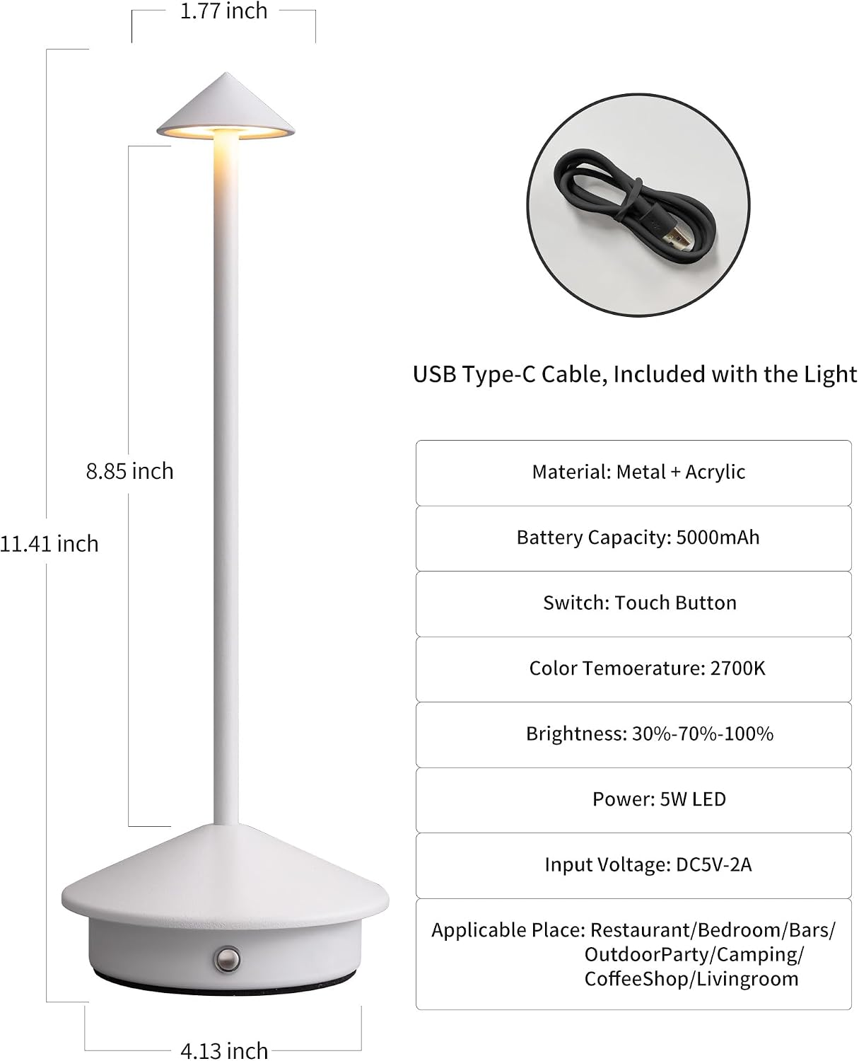Modern Cordless Table Lamp Set of 2, White Portable LED Desk Lamps | 5000mAh, Rechargeable, Battery Operated Lighting for Bedroom, Dining Room, Restaurant, Coffee Shop, Camping, Night Light