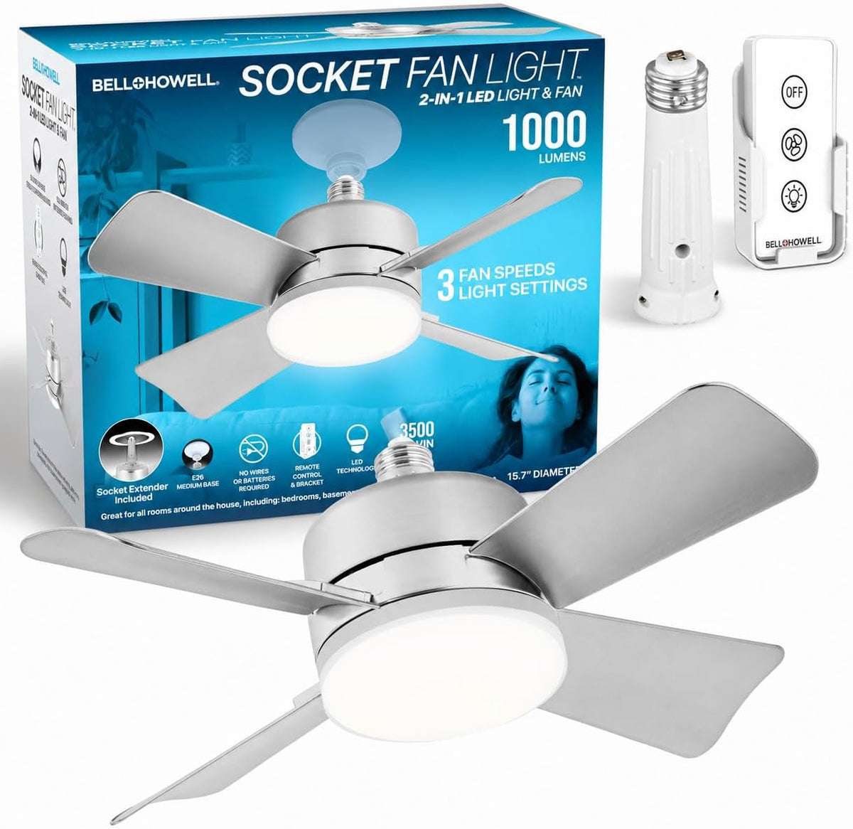 Bell+Howell Socket Breeze Socket Fan Light with Remote | 3500K, 1000 Lumens, Portable, Easy to Install Ceiling Fans Replacement for Bedroom, Kitchen, Living Room