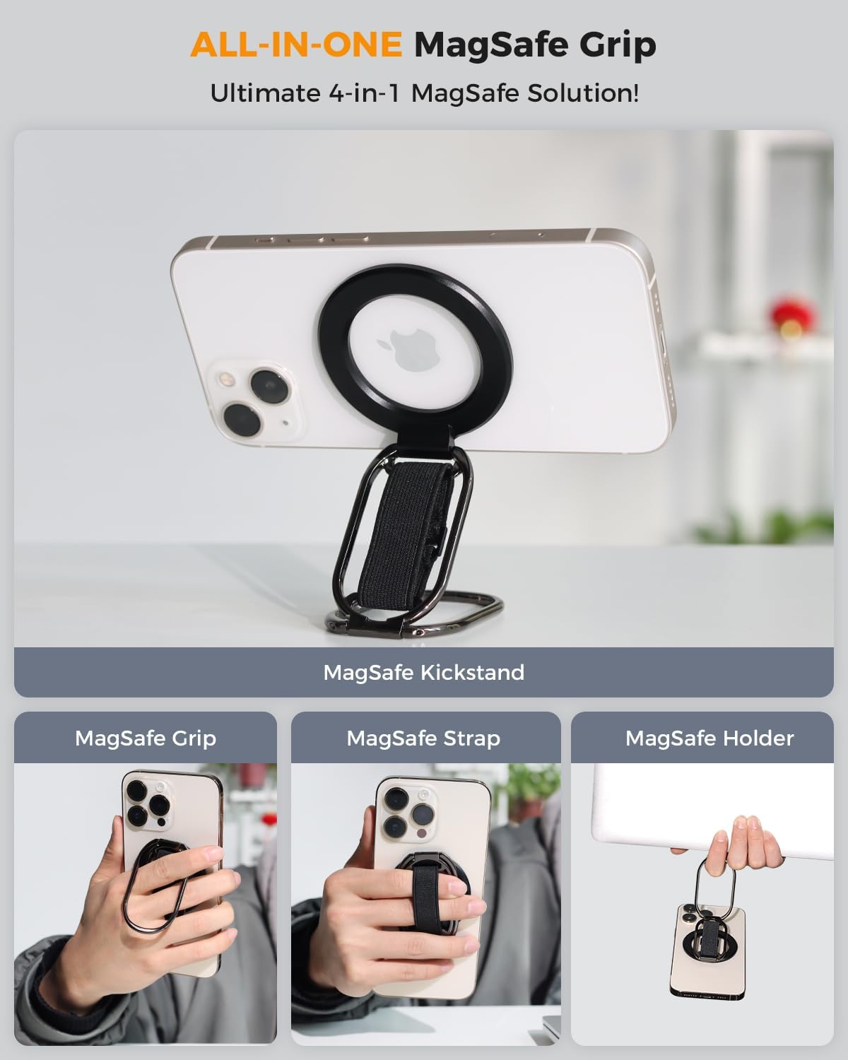 SUPERONE for MagSafe Phone Grip Kickstand, Magnetic Phone Ring Holder | 4-in-1 for MagSafe Phone Ring Stand with Finger-Loop Strap, Mag Safe Accessories Compatible with iPhone 17-12 series - Black