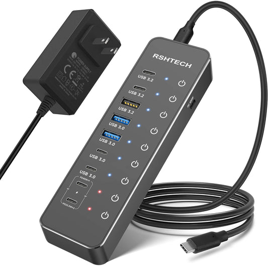 RSHTECH 10-Port 66W Powered USB C/USB 3.2 Hub 10Gbps for Data & PD Charging