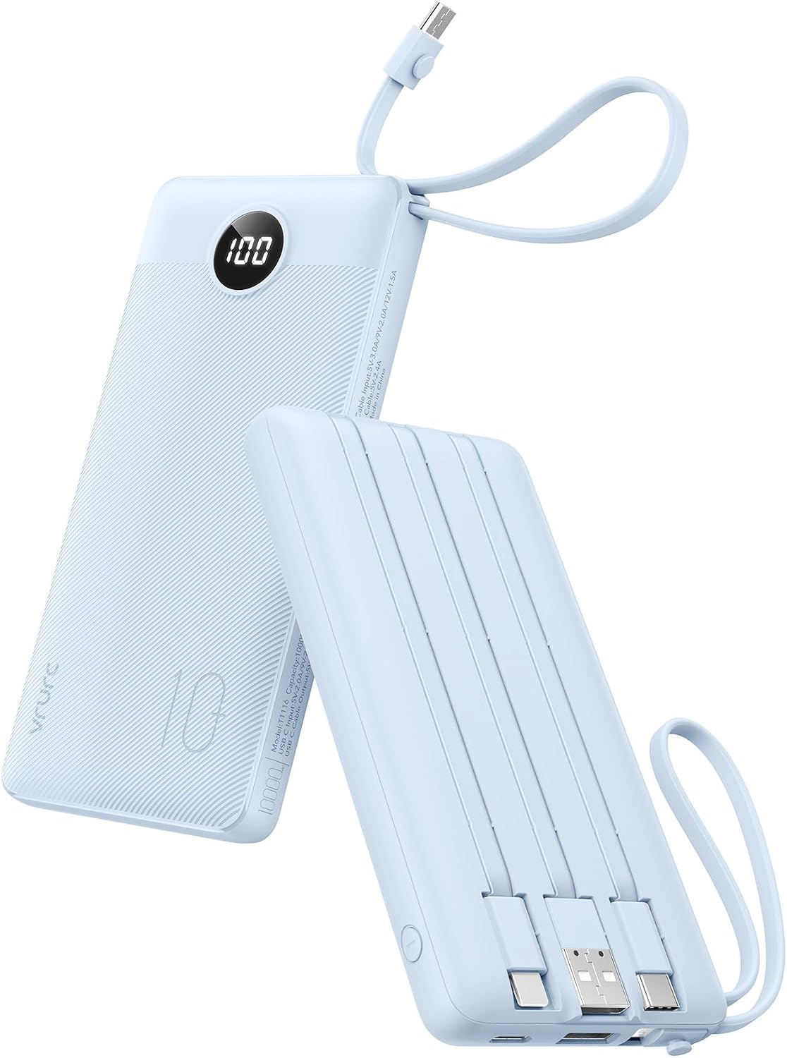 VRURC Portable Charger for iPhone, Built in 4 Cables Power Bank 10000mAh | Compact USB C Charging Bank 5 Outputs for Multi Devices,Travel Essential for Hiking Camping Business Cruise Ship-Blue