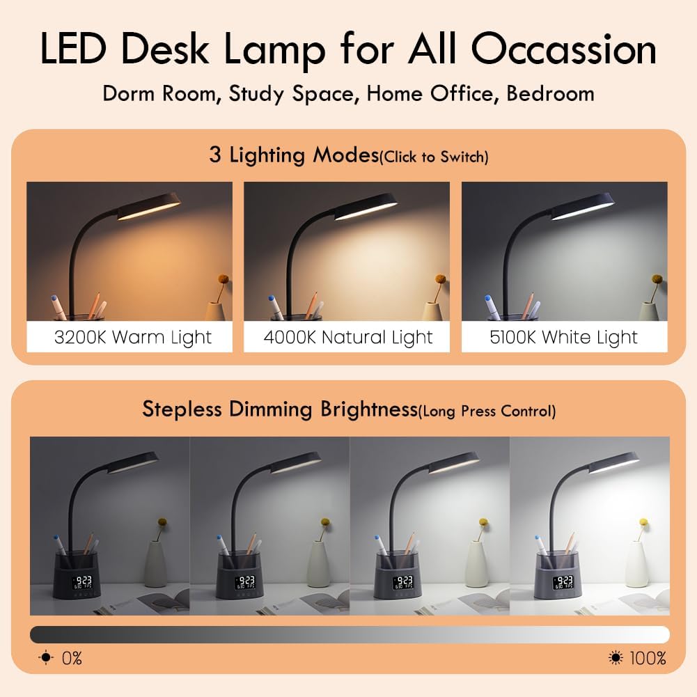 Led Desk Lamp with Pen Holder, Touch Lamps for Nightstand Eye-Caring Bedside Reading Light with Clock, Office Lamps Stepless Dimming, Lamp for Dorm Room, Suitable for Kid/Girl/Boy (Gray)