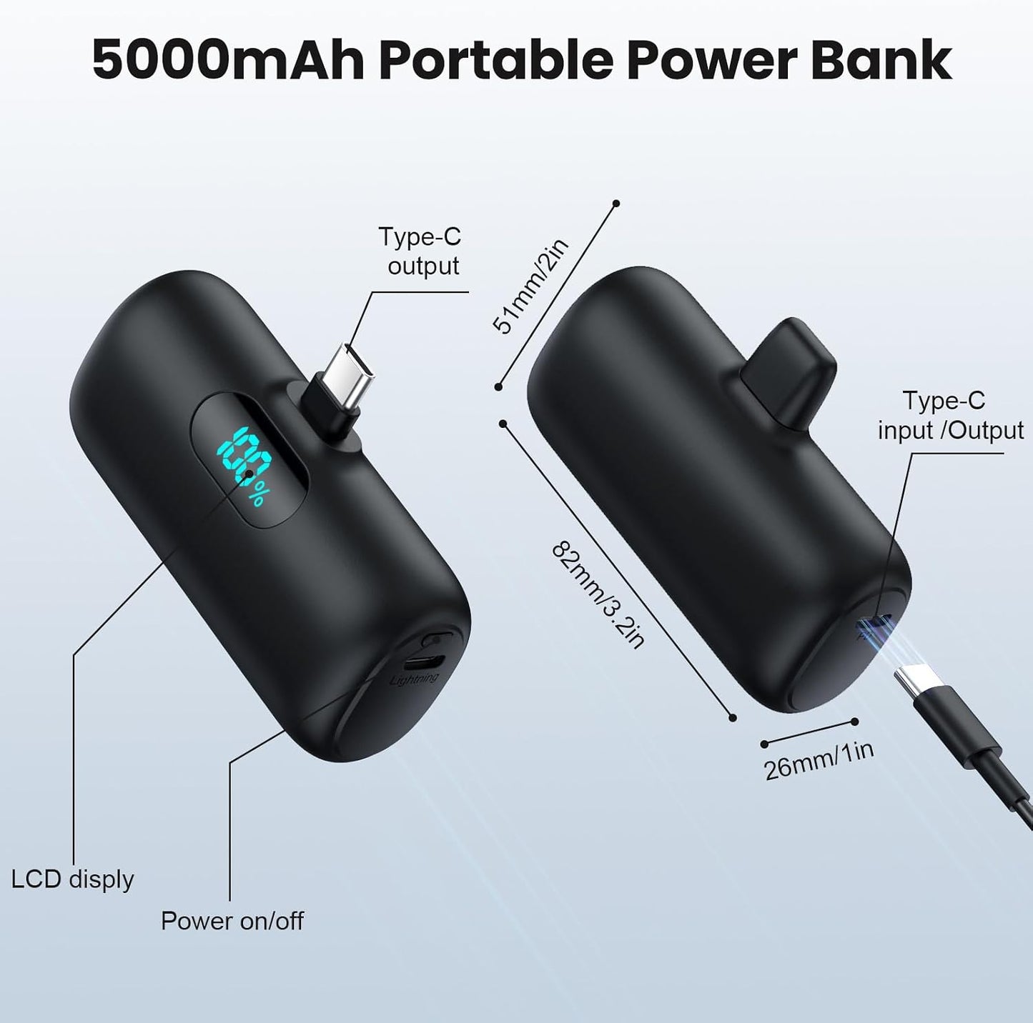 Mini Portable Charger USB C Power Bank,Upgraded 5000mAh PD Fast Charging Battery Pack Built-in USB-C Connector Travel Essential for iPhone17/17Pro/17Pro Max/Air/16 Plus/16Pro Max/15 Series,Android