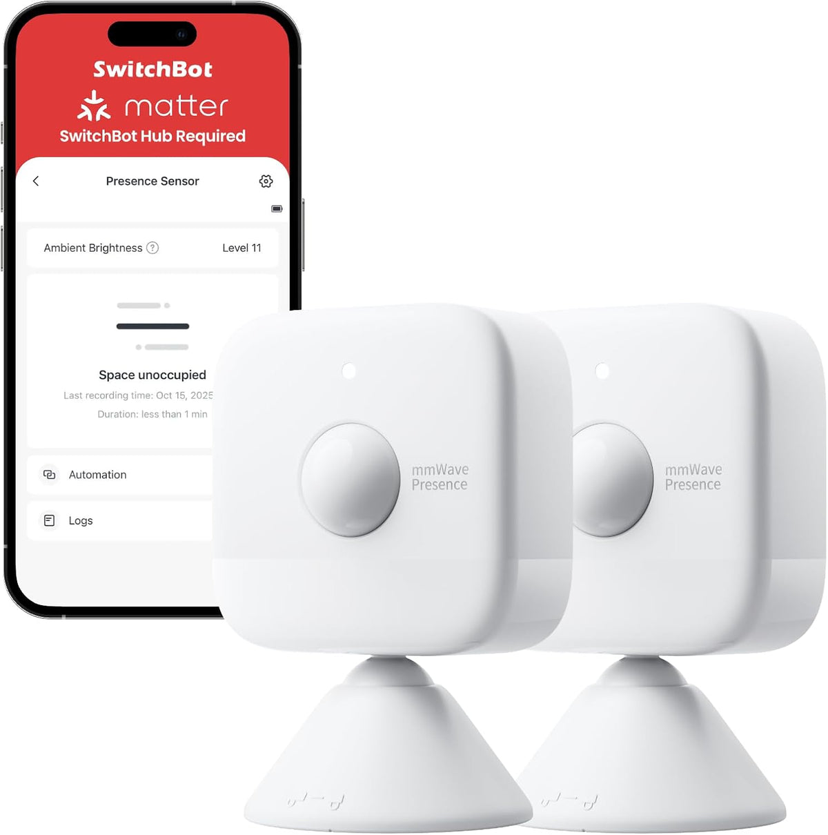 SwitchBot Smart mmWave Radar Motion Sensor, Bluetooth Presence Sensor with Dynamic Detection & Zone Positioning, Compatible with Alexa, HomeKit & Apple Home (Presence Sensor*2)