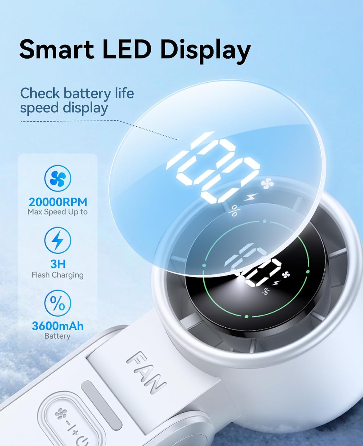 KIMMOO 3-in-1 Portable Handheld Turbo Fan-100 Speeds,Powerful 20000 RPM, 12Hrs Cooling, LED Display, 120° Rotation, USB Rechargeable Mini Hand Held Personal Fan for Travel Makeup Outdoor Indoor, White