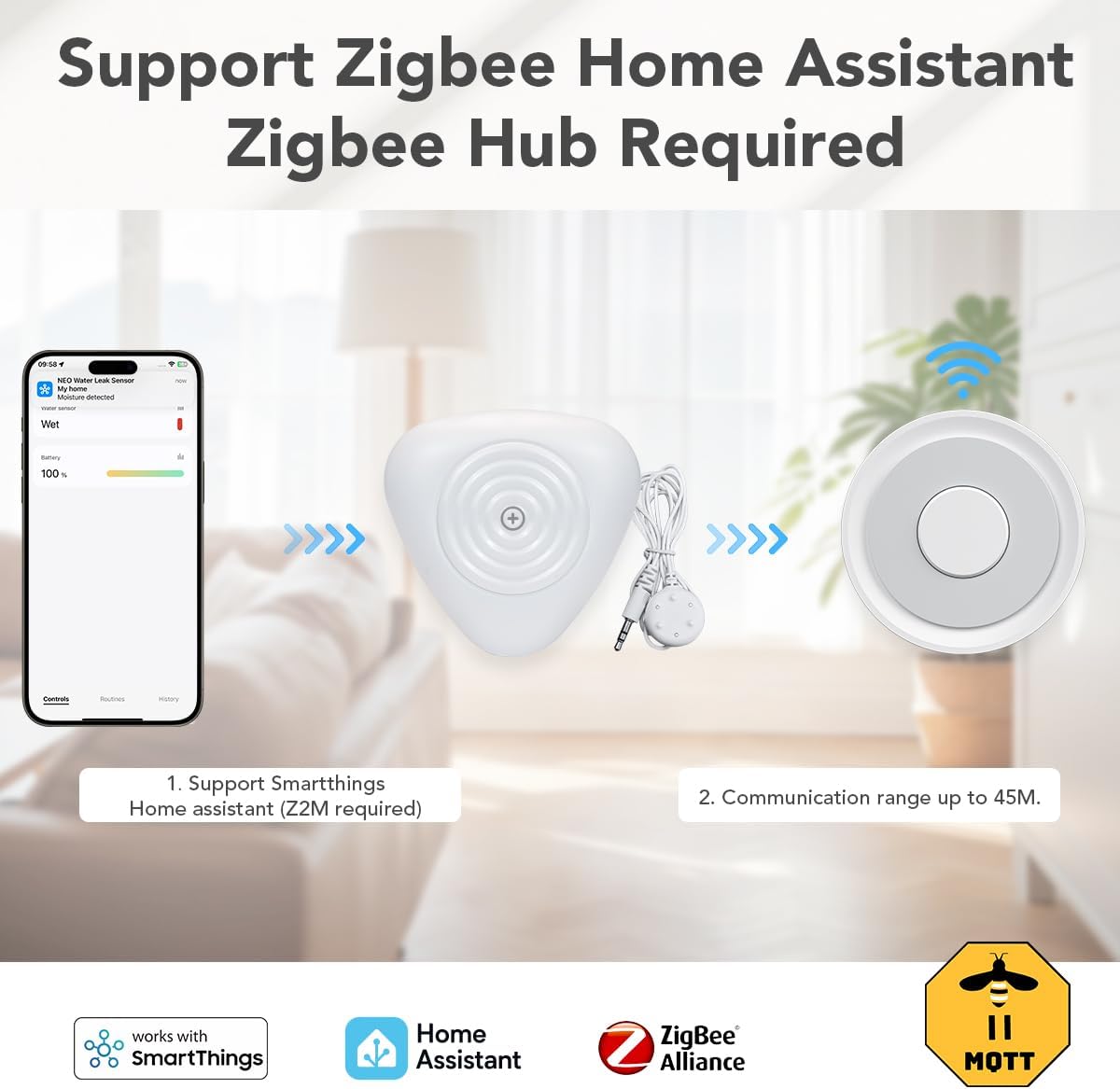 NEO Zigbee 3.0 Water Leak Detector, Smart Water Sensor Alarm for Home & Basement, Compatible with SmartThings and Home Assistant (ZHA & Z2M), 2 Pack