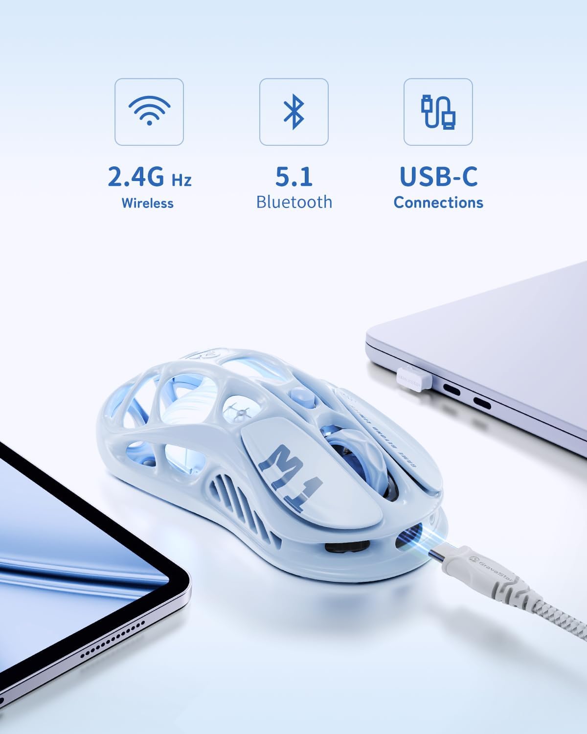 GravaStar Mercury M1 Pro Gaming Mouse, 78g Lightweight Magnesium Alloy, 26,000 DPI, PAW3395DM Sensor, 5 Programmable Buttons, Support Wired/2.4GHz/BT, Up to 200 Hours Battery Life