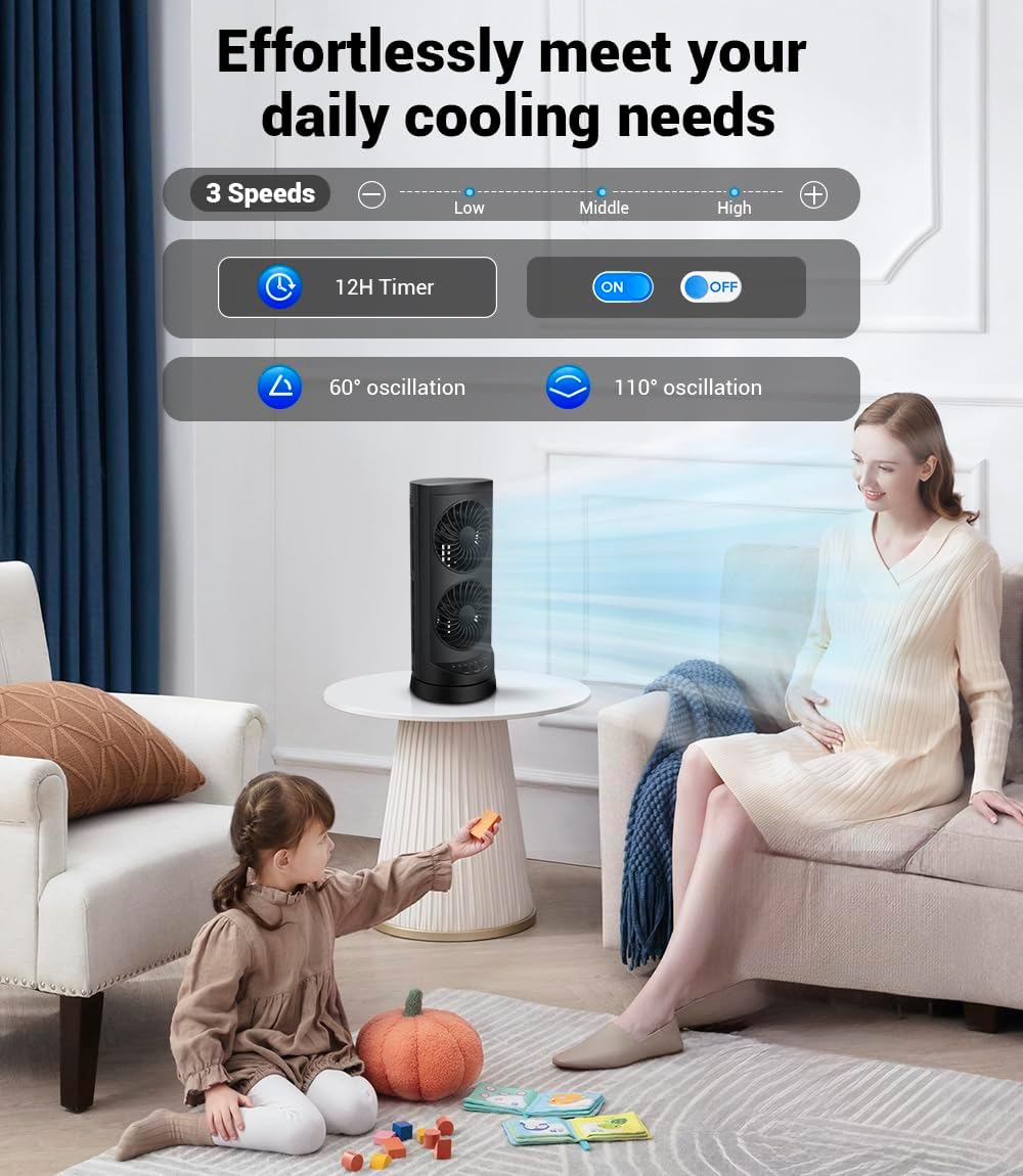 Personal Tower Cooling Fans that Blow Cold Air,25dB Quiet Fan with 24ft/s | Standing Small Desk Fan with 3 Speeds & Timer, 60° & 110° Oscillating Table Fan, Electric Floor Fan for Bedroom, Home