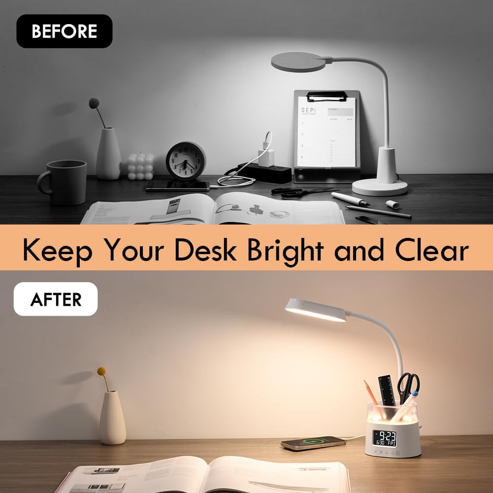 WILIT LED Desk Lamps for Home Office with Pen Holder, Table Lamp for Bedroom with USB Charging Port &amp; Clock, RGB Night Light, Study Lamp for Kids Girls, Desk Light for College Dorm Room Essentials