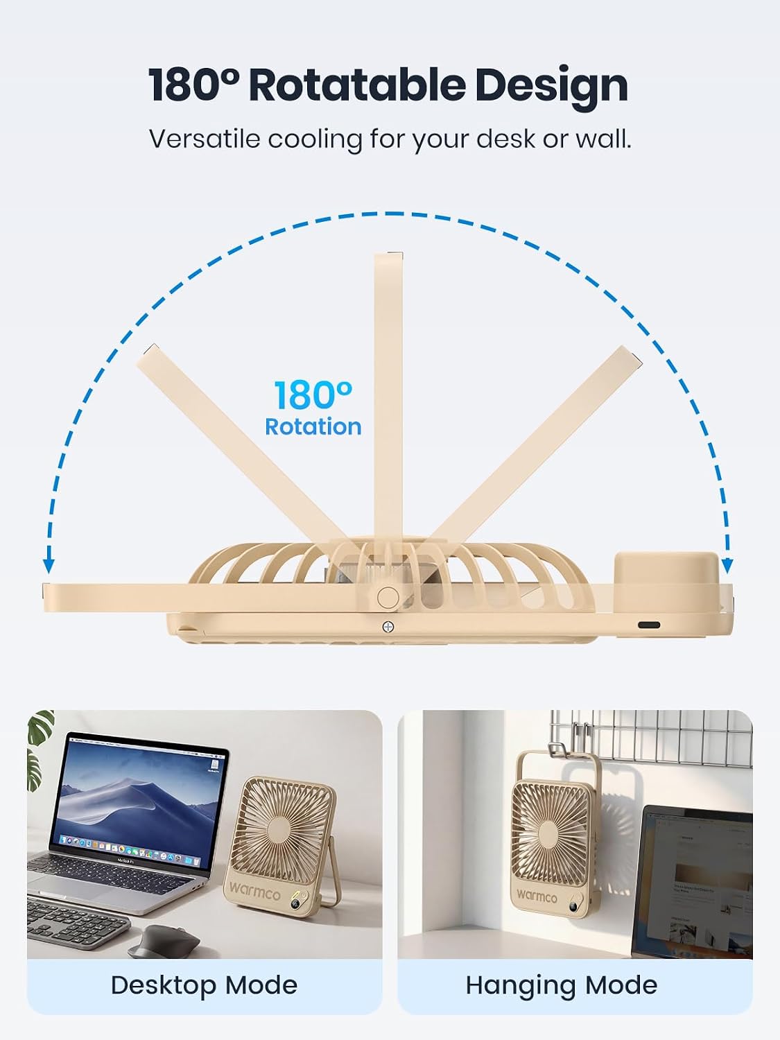 Warmco D3 Portable Travel Fan 10000mAh, Ultra-Slim, 24H Runtime | Quiet 7-Inch Rechargeable Desk Fan, Digital Display For Sleeping, Office, Bedroom & Cruise