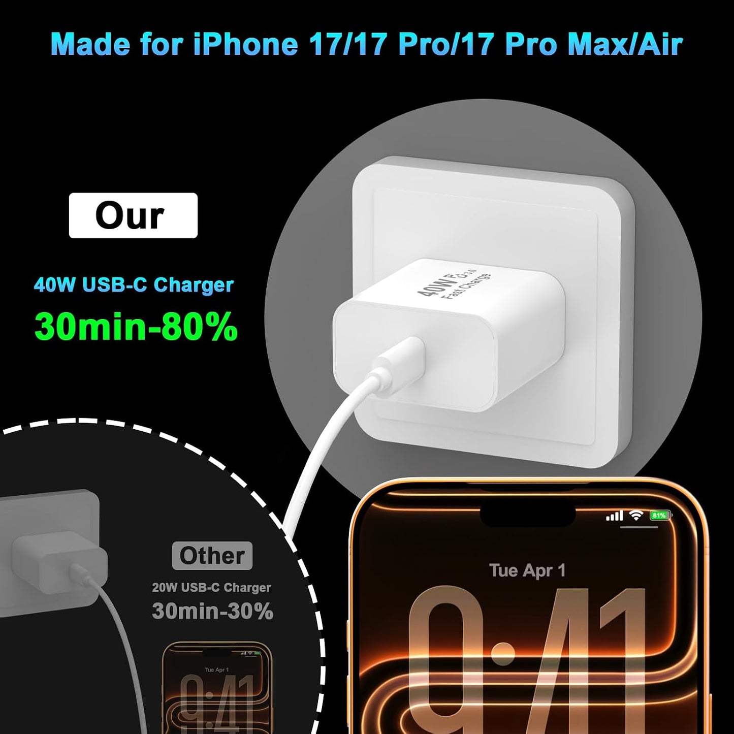 [Apple MFi Certified] iPhone 17 Charger Fast Charging, 40W USB C Charger | 2Pack 40W iPhone Charger USB C Block &amp; 6FT Type C Charging Cable Cord for iPhone 17/Air/17 Pro/17 Pro Max/16/15/16 15 Pro Max