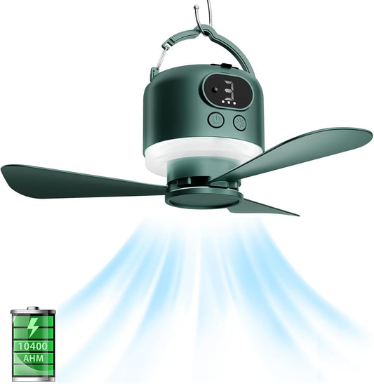 11" Tent Fan with Light & Remote, Camping Ceiling Fan with 10040mAh Rechargeable Battery, Portable Hanging Fan for Tent, RV, Canopy, Outdoor Camping (Green, Centimeters, 28.9)