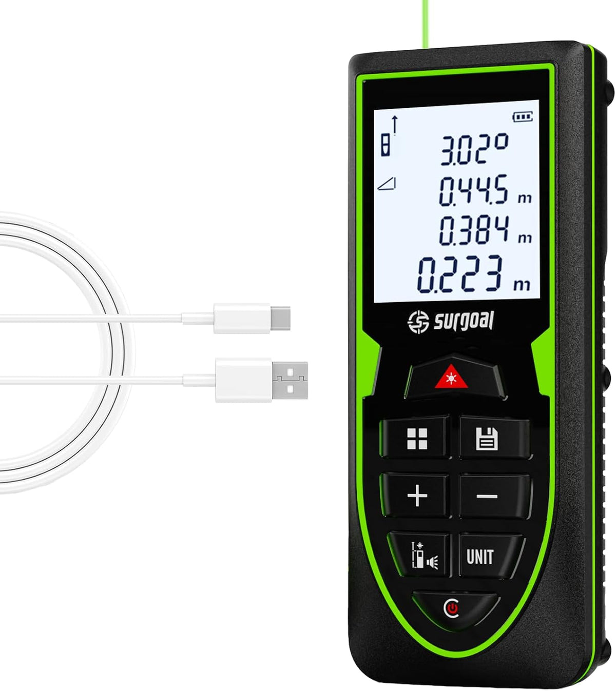Green Laser Distance Measure USB-C Rechargeable Live XY Angle Sensor | High-Accuracy, Area / Volume / Pythagorean, Ft/In/Ft+In/M Unit Switching, Compact, Home DIY Woodworking Indoor Projects Gift