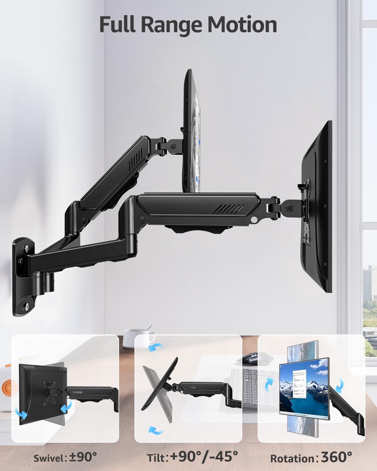 MOUNTUP Dual Monitor Wall Mount for 2 Max 32 Inch Computer Screen, Fully Adjustable Double Monitor Arm, Wall Mounted Monitor Holder Support 4.4-19.8lbs Display, VESA Bracket 75x75, 100x100