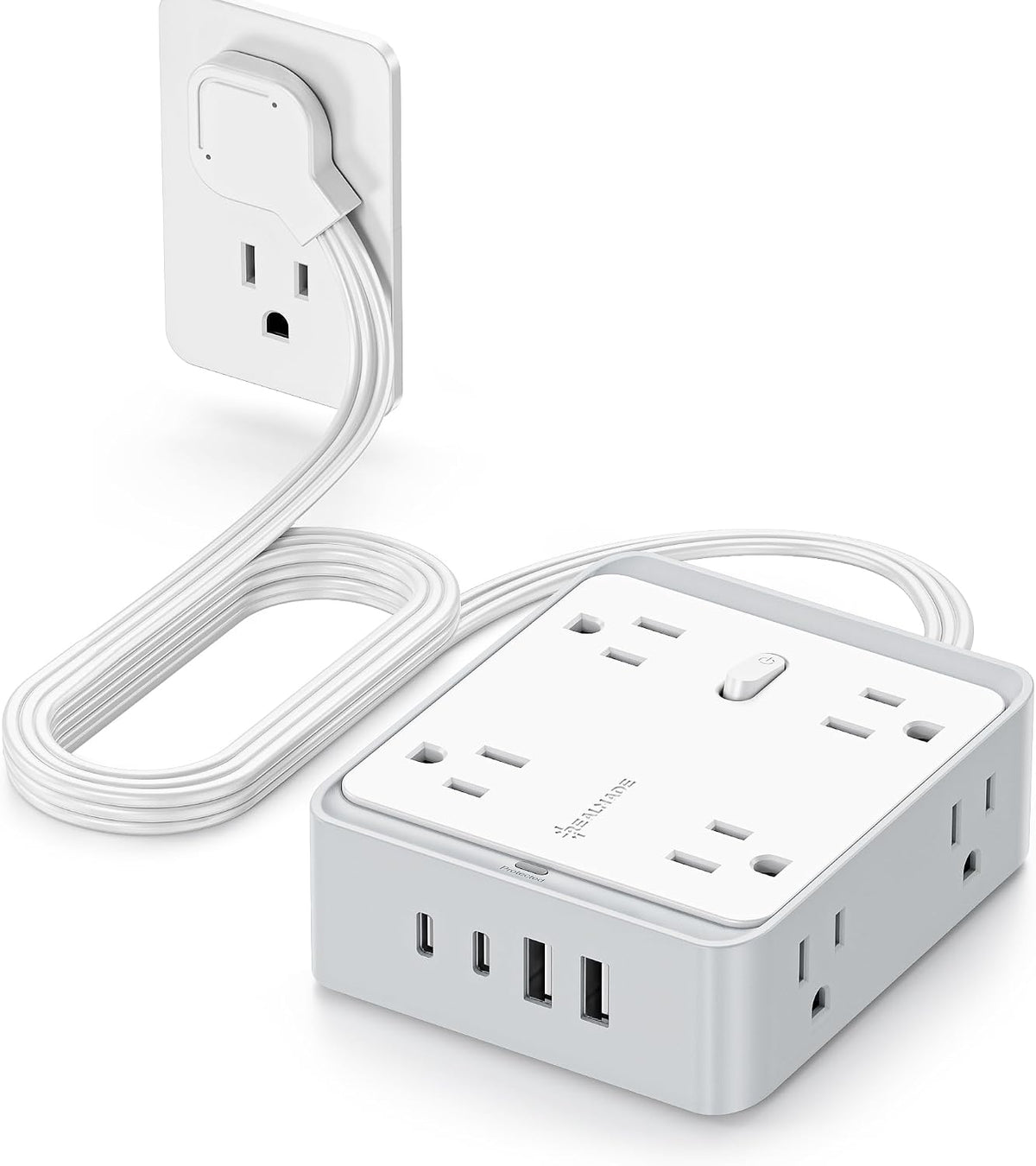 Surge Protector Power Strip, REALMADE 8 AC 4 UAB Power Strip with 950J Surge Protection, Flat Plug Outlet Extender, 10Ft Extension Cord, Wall Mount Desk Charging for Home Office， Gray & White