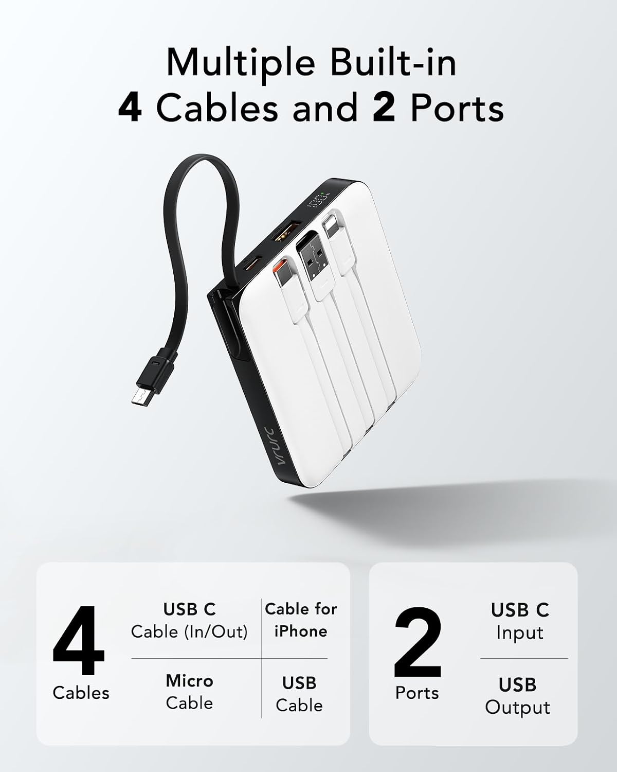 VRURC Battery Pack Portable Charger 10000mAh, 22.5W Fast Charging | Power Bank with Built-in Cable, LED Display for Cell Phone, for iPhone 17 16 15, Samsung Galaxy and USB-C Devices (White)