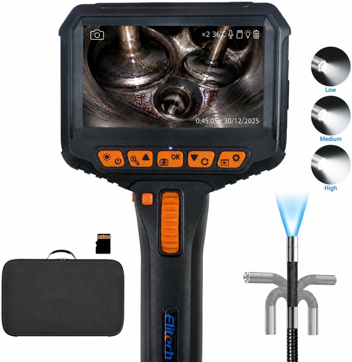Elitech Articulating Borescope with Light, 6mm/0.24in Inspection Camera | 180° Articulation, Adjustable LEDs, 1080P IPS Display, Slim Probe, IP67 Waterproof, 20,000+ Bend Life, High Temp Protection