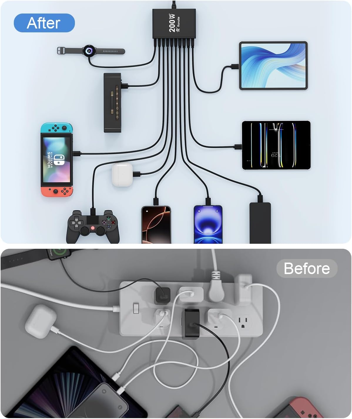 USB C Charging Station 10 Port with 4 Cables,200W GaN Type C Charger Block | Wall Charger Power Strip Adapter Plug for iPad iPhone17 16 15 14 13 12 Pro Max Pixel Note Galaxy Black