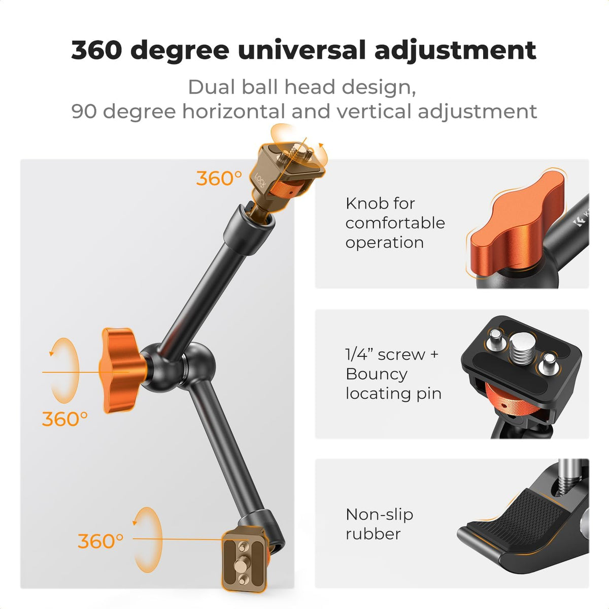 K&F CONCEPT 11" Magic Arm Clamp with Clamp ARRI 1/4" & 3/8" Thread Screw | 360° Ball Heads Arm with Clamp Mount for Monitor, LED Light, Webcam, Action Camera, MS33