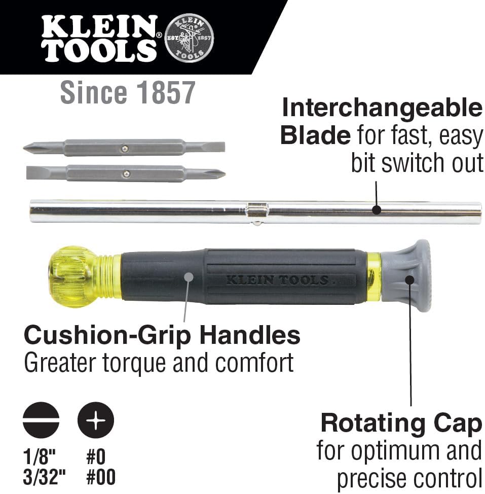 Klein Tools 32581 4-in-1 Electronics Screwdriver Set with 2 Slotted, 2 Phillips Precision Machined Bits, Ideal for Terminal Blocks