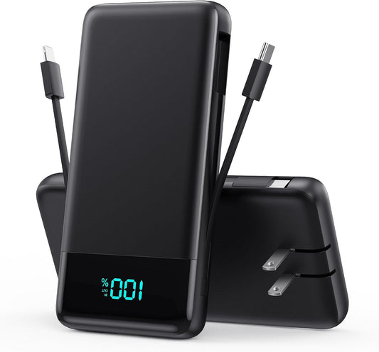 Portable Charger Power Bank for iPhone with Built-in Cables and AC Wall Plug, 13800mAh Ultra Slim Travel Essentials,USB C Fast Charging External Battery Pack for iPhone 17/16/15/13,Galaxy,Android etc