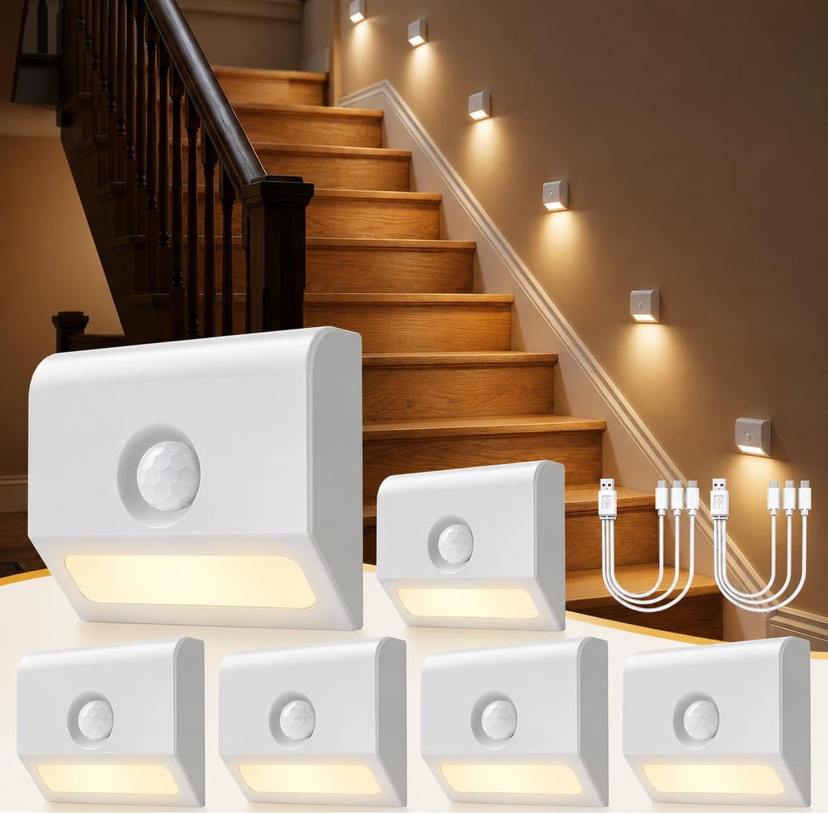 Sujeet Motion Sensor Stair Lights Indoor, 6 Pack Rechargeable Stairway Lights with Glare-Free Downward Glow, 2-Month Battery Life, 3 Color Temperatures, Adjustable 15s/30s Timer, Magnetic Step Lights